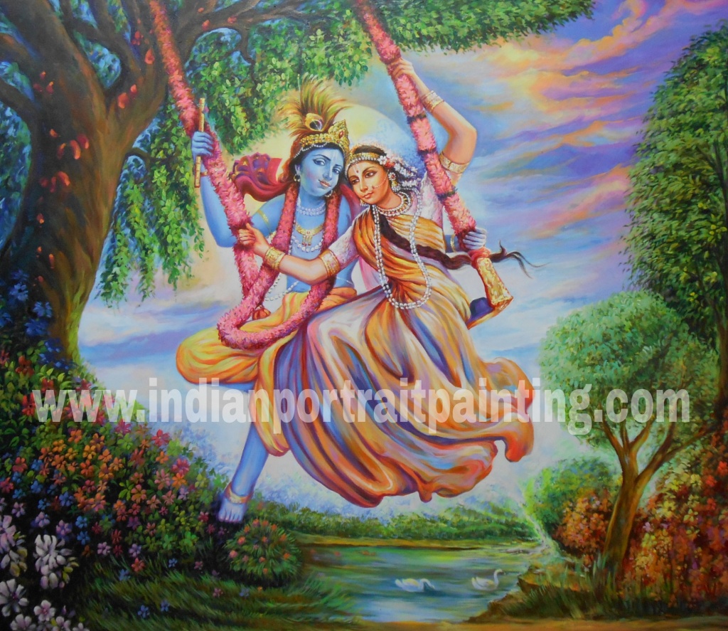 Radha Krishna on swing portrait painting