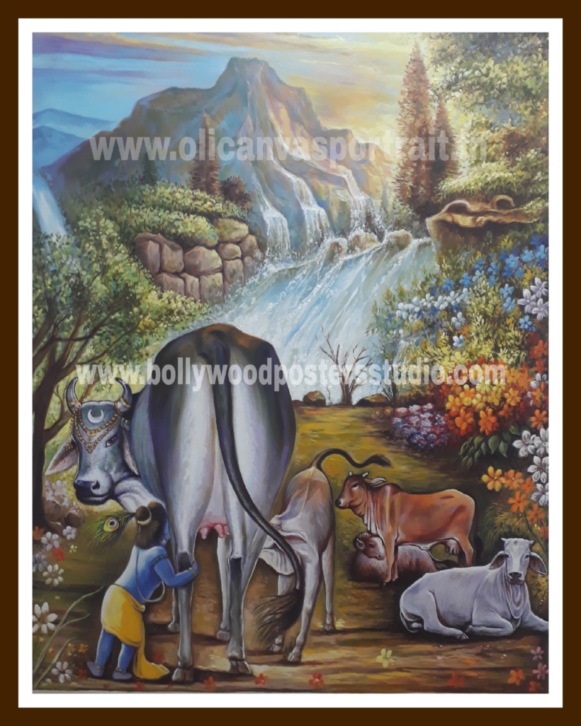 Canvas oil painting Krishna with cow