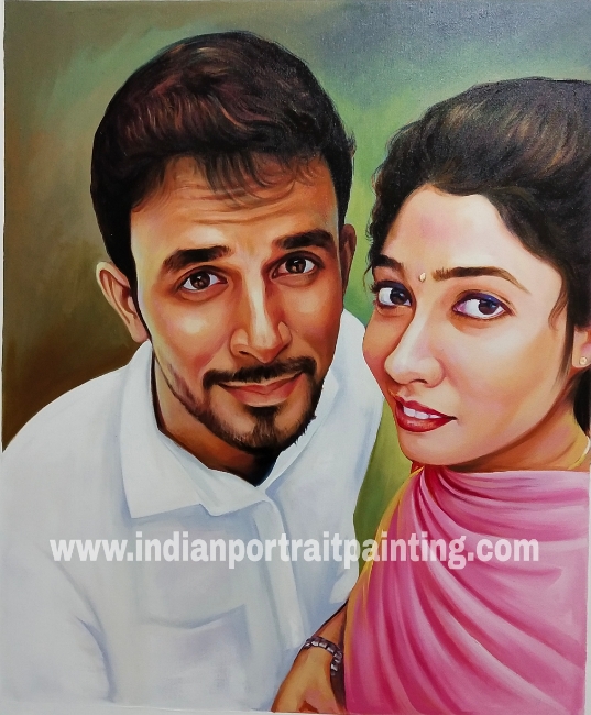 Portrait painting on canvas for couple from selfie photo